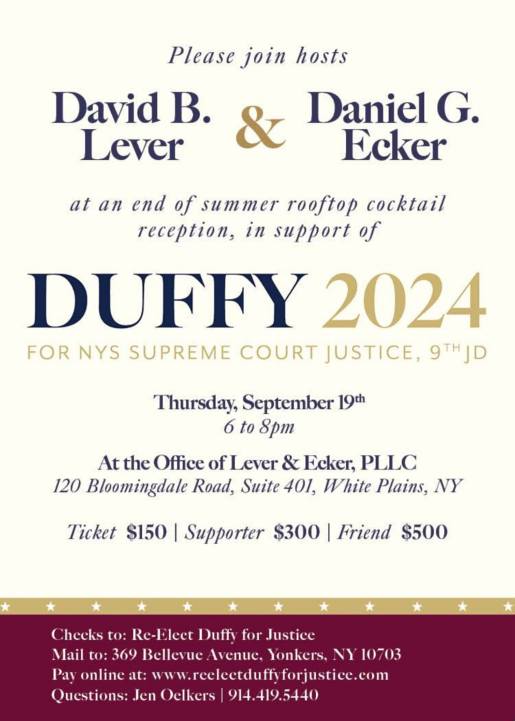 a flyer describing the information for Lever & Eckers Duffy rooftop cocktail event