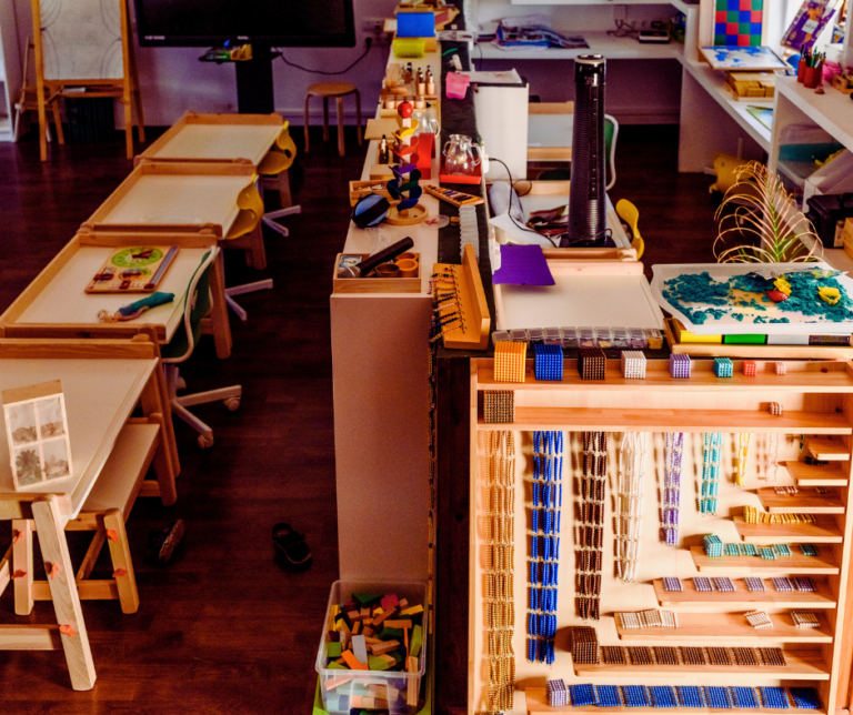 tables and bookshelves in a school